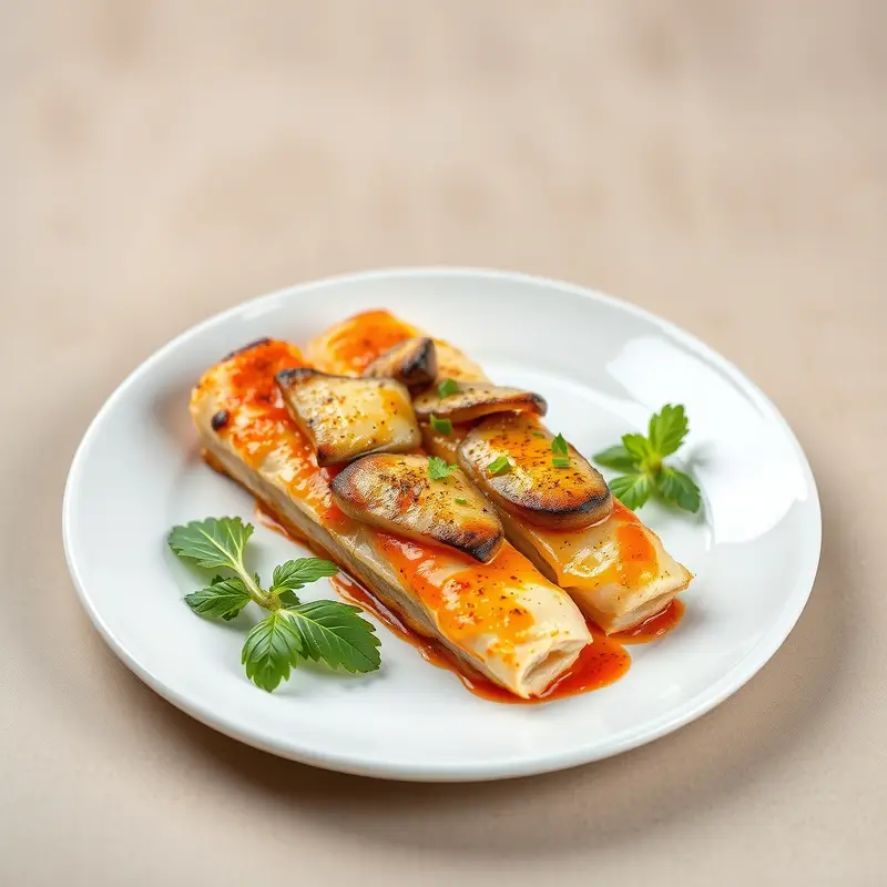 Gebackene Ente mit Pilzen, Bambus, Soja und scharfer Sauce