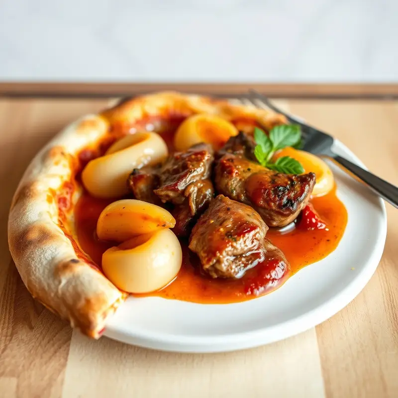 Gebackenes Hühnerfleisch mit Pilzen, Bambus, Soja und scharfer Sauce